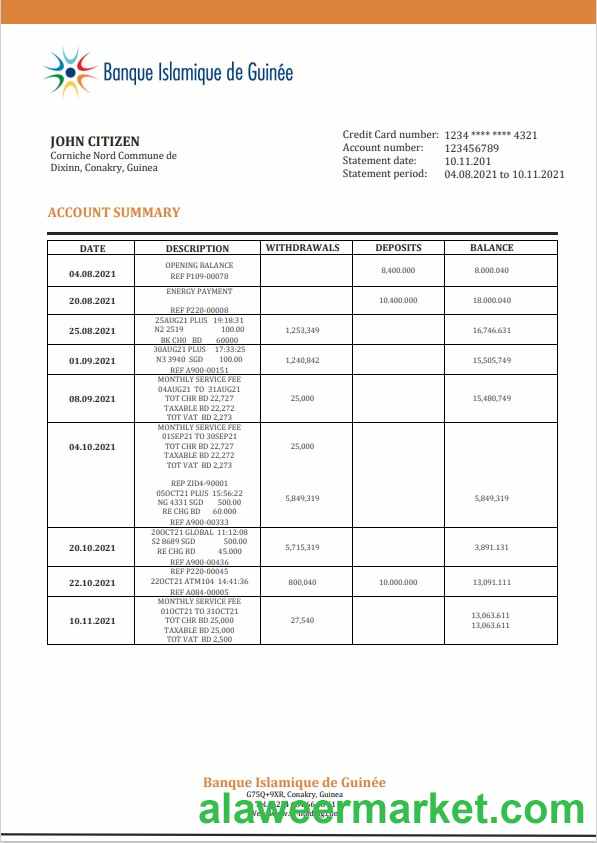 Guinea Banque Islamique de Guinee proof of address bank statement template in Word and PDF format